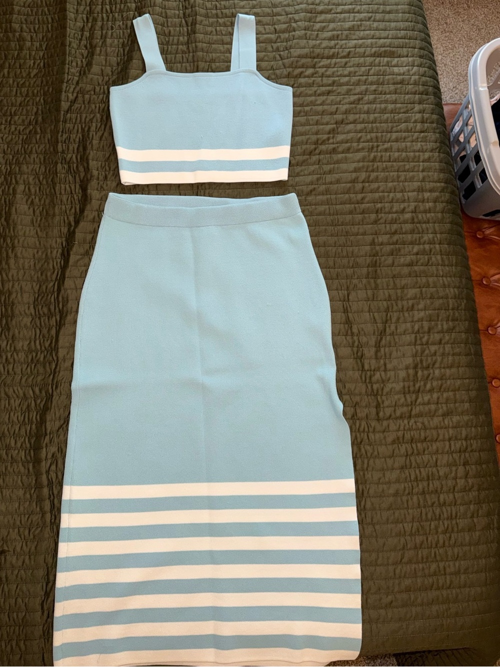 Edited Sky Blue & White Striped Midi Skirt Set